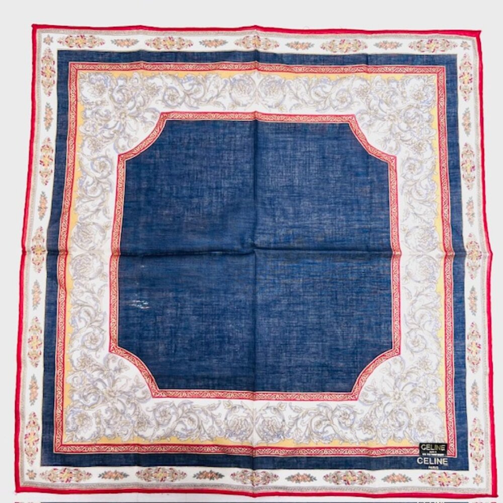 New Celine Paris MiniScarf/Handker cotton 19" blue gray gold metalic red Trim(64 - Picture 5 of 6